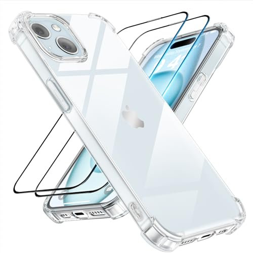 Tentoki 3 in 1 für panzerglas und hülle iPhone 15,[Nie Vergilbung] schutzfolie iPhone 15 TPU handyhülle Schlanke Stoßfeste Anti Kratzt Transparent