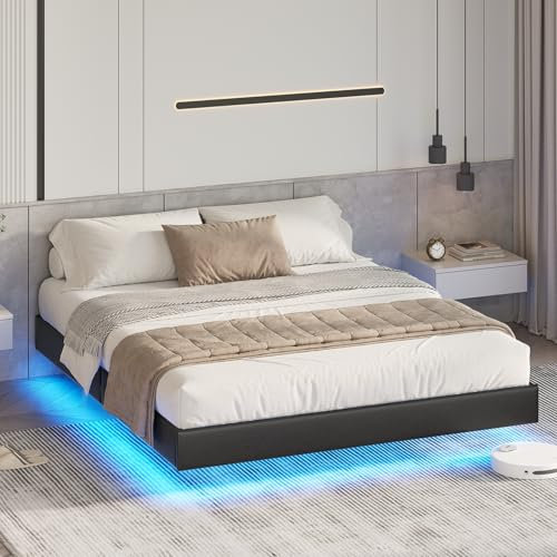 DICTAC Lit 160x200 cm avec LED, Cadre de lit 160x200 Double avec Sommier, Lit Capitonné avec Cachées Jambes,Lits Plate-Forme en avec Sommier à Lattes en Bois, Solide, Assemblage Facile,Noir Moderne