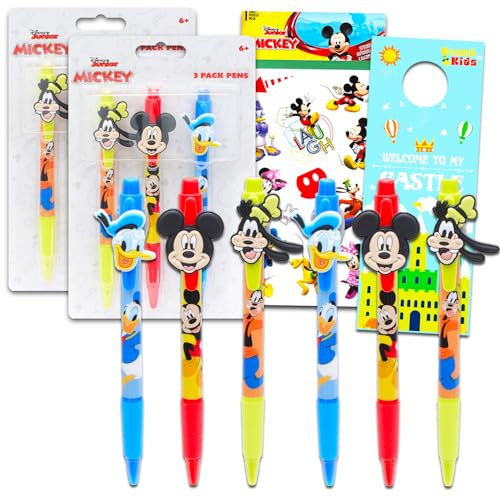 Set di penne per bomboniere di Topolino, confezione con 6 penne Topolino, Paperino e Pippo e adesivi, altro ancora | Accessori per feste di Topolino e amici