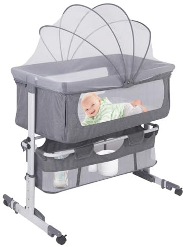 OHMG Beistellbett für Neugeborene, mit Moskitonetz, Babywiege an der Seite des Bettes, höhenverstellbar, Wiege für Neugeborene mit um 360° drehbaren Rollen, Korb für Gegenstände