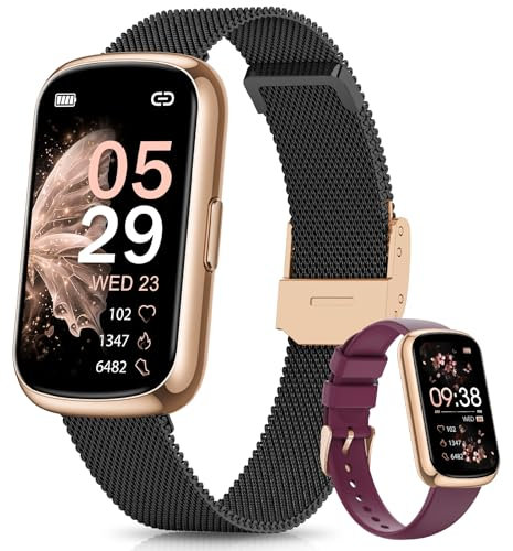 Sanorum Smartwatch Damen, 1.47 Fitnessuhr Pulsuhr SpO2 Schlafmonitor, 24 Sportmodi Aktivitätstracker, Nachricht Whatsapp, Menstruationszyklus Schrittzähler Sportuhr Wasserdicht IP68 Schwarz Gold