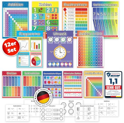 LOGIJO® 12 X pädagogische Montessori Mathe Lernposter, Set A3 mit Übungsblättern, Premium Poster Papier seidenmatt, Zahlen lernen 1x1 Einmaleins, Grundrechenarten, Lernhilfe für Kinder zur Einschulung