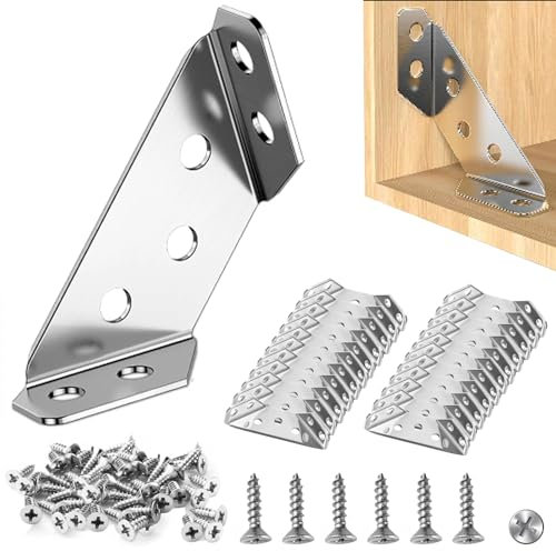 Lot de 20 connecteurs d'angle en acier inoxydable pour bois, équerres d'angle triangulaires avec vis, support d'angle fixe pour étagère, armoire, table, bureau