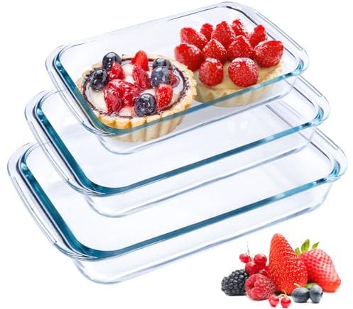 MUUKAIII Juego de 3 Fuente de Cristal para asar,1+1.5+2L,Fuente de horno,Fuente de cristal,Bandeja de Cocina de Vidrio,para lasaña,para horno,congelador y microonda