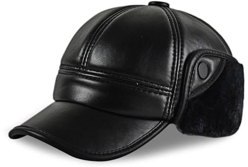 Lederkappe Echtes Leder Baseball Cap Hut Herren Winter Shee Skin Leder Hüte Caps Schwarz mit Kunstpelz innen Ohrenklappe(L)