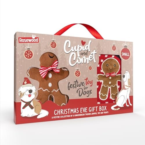 Rosewood Cupid & Comet Christmas Eve Gift Pack for Dogs, Medium – Festive Dog Jumper and Plush Gingerbread Dog Toy, Holiday Dog Gift Set, Cosy and Fun for Pets