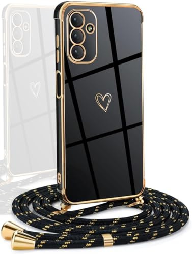 YAMCCCSE Coque avec Cordon Compatible avec Samsung Galaxy A13 5G/ A04S, Galvanoplastie Motif Coeur d'amour Housse Antichoc TPU Silicone, Réglable Etui avec Lanière,Noir