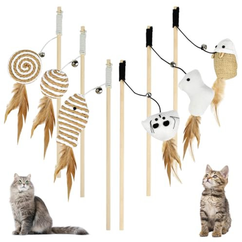 HEKOBAG 6Pcs Cat Teaser Wand Toy Set, Natural Sisal Wood Cat Teaser Wand Toys with Bell, Feather, Elastic String Interactive Cat Toys for Indoor Cats Kitten Interactive Training