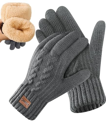 CAOZITOU Handschuhe Herren, WinterHandschuhe Damen Thermo mit Fleecefutter, Alpaka Wollhandschuhen Touchscreen Warme Thicken Stricthandschuhe (DunkelGrau