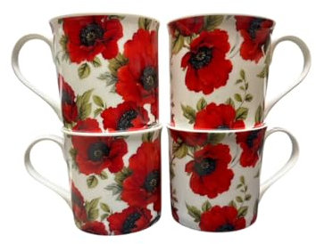 Tamersgifts Red Poppy Floral Coffee Mugs, Fine Bone China, Set of 4, 350ml