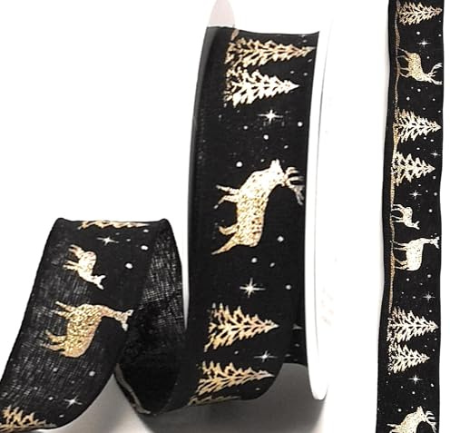 s.dekoda Schleifenband 15m x 25mm Schwarz - Gold Hirsch Tanne Geschenkband Dekoband Motivband [D51440]