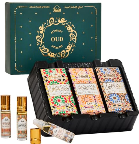 Oud Attar Oil Set by Dukhni | 3 x 6ml Arabes Perfume oil for Men & Women | Assorted Arabian Oud Attar Roll | Long Lasting, Vegan, Skin-Safe, Alcohol-Free Ittar| Islamic Gifts set for Special Ocassions