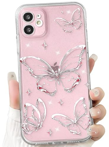 NITITOP Compatible with iPhone 12 Case Cute Clear Glitter Butterfly Design Sparkly Bling Shiny Star Trendy Girls Women Soft Slim Anti-Yellow TPU Shockproof Protective Phone Cover - Pink