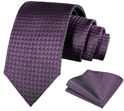 Alizeal Cravatta da uomo tinta unita e fazzoletto quadrato per affari, formale, classico, elegante, a quadri, cravatta e fazzoletto, Viola scuro, Taglia unica