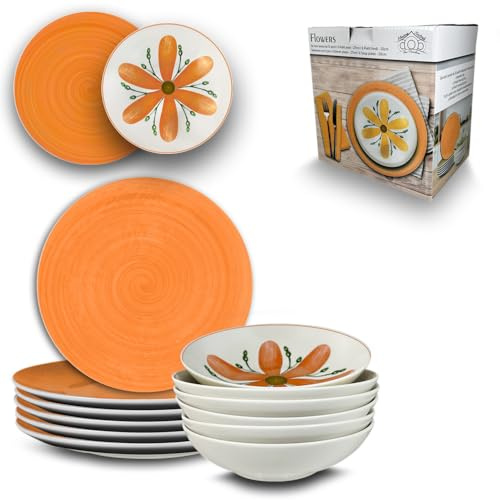 ARCA, Set 12 Piatti Coordinati Flowers in Porcellana Decorata, Servizio per 6 Persone, con Piatti Fondi e Piani, Moderni e Colorati, Lavabili in Lavastoviglie, Colore Arancio