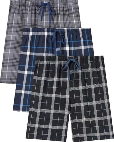 Jveyvth Short de Pyjama pour Homme, Pantalon de Pyjama à Carreaux Avec Poches Latérales et Taille élastique, Pack de 3
