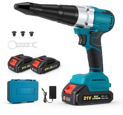 Trsaow Herramienta de remache ciego con batería y motor sin escobillas, 2x baterías de 2000mAh, 3 boquillas para remaches de 2,4-5,0mm, luz LED para aplicaciones DIY y profesionales