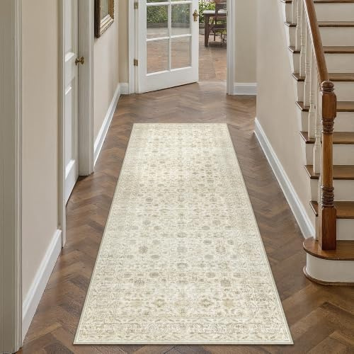 PureCozy Vintage Läufer Flur Teppich 60x180cm Beige Waschbar Teppichläufer | Retro Boho Läufer,Waschbar,Rutschfest,Weich Kurzflor Lang Rug,für Flur, Küche, Schlafzimmer, Esszimmer, Büro