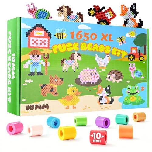 Set perlas de planchar 10 mm grandes, 1650 piezas perlas de planchar con 48 accesorios de bricolaje, juguete educativo tema granja para niños mayores de 3 años, regalo para Navidad/Pascua/Cumpleaños