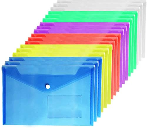 Pochette Plastique A5 - a5 Pochette Porte Documents Chemise Plastique Couleurs Vives Transparentes Pochettes Plastiques avec Bouton, Lot de 36