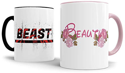 Tassendruck Pärchen-Tassenset für Sie & Ihn Beauty & Beast Mehrfarbig Geschenk/Partner/Liebe/Love/Beziehung/Paare/Beste Qualität - 25 Jahre Erfahrung