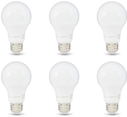 Amazon Basics A19 LED Light Bulbs, 60 Watt Equivalent, Energy Efficient 9W, E26 Standard Base, Soft White 2700K, Dimmable, 10,000 Hour Lifetime , 6-Pack