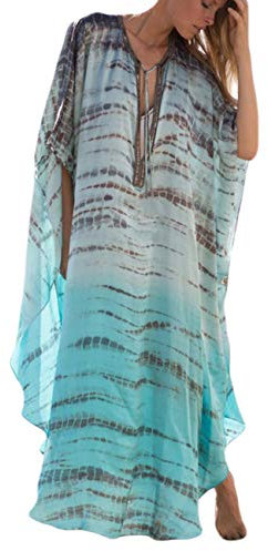 Bsubseach Women Plus Size Lace-up V Neck Batwing Sleeve Side Slit Turkish Beach Kaftan Bikini Cover Up