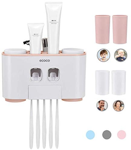 MHTECH Drill-free Wall Mount Toothbrush Holder, Toothpaste Dispenser and Multi-functional Slots Bathroom Organizer, 2 Toothpaste Squeezer with 5 Brushes Set with 4 Cups (Pink)