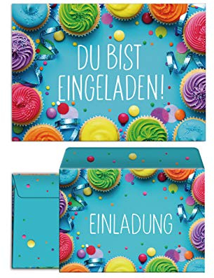 JuNa-Experten 12 Einladungskarten inc. 12 Umschläge zum Kindergeburtstag Mädchen Jungen Muffins Cupcake Einladungen zum Geburtstag