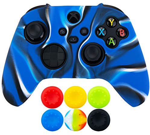 9CDeer 1 x Silicona Protector Cubrir Piel + 6 Apretones de Pulgar y Tapones a Prueba de Polvo para Xbox Series X/S Mando Camuflaje Azul