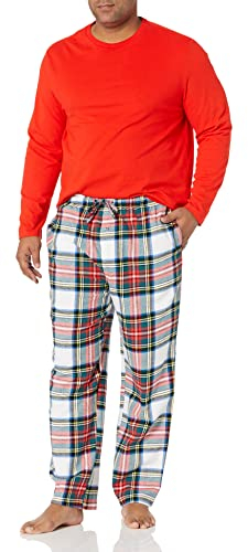 Amazon Essentials Herren Flanellhose und langärmeliges T-Shirt als Pyjama-Set, Rot Tartan Plaid, XL