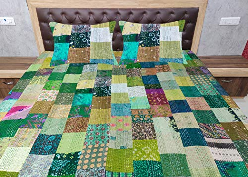 Sophia-Art Indische Tagesdecke aus Seide, Sari, Kantha, Bettüberwurf, ethnischer Stil, gesteppt, Patchwork, indischer Stil, Vintage-Stil, Patola, grün, 152,4 x 228,6 cm mit Kissenbezügen