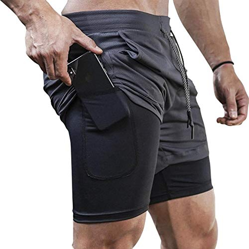 MANLUODANNI Herren Running Shorts, 2 in 1 Shorts Men Laufshorts Fitness Sporthose Kurz Jogginghose Schnelltrocknende Laufhose mit Taschen Reißverschlussfach Dunkelgrau M