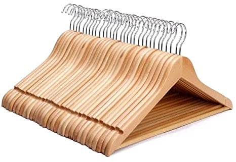 KEPLIN Strong Walnut Wood Wooden Coat Hangers with 360 Degree Rotatory Hook & Round Trouser Bar & Shoulder Notches - Durable Wardrobe Space Saver (Natural, 30 Pack)