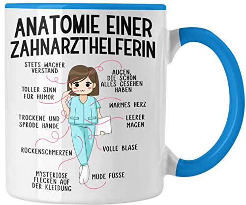 Trendation - Zahnarzthelferin Tasse Geschenk Lustig Zahnarzt Damen Kollegin Geschenkidee Zahnmedizinische Fachangestellte Anatomie Zahnmedizin Spruch (Blau)