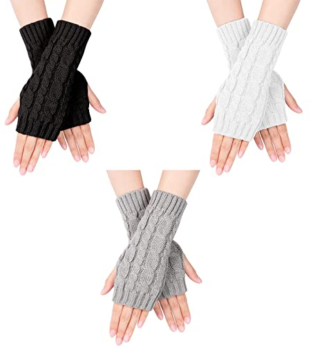Fingerlose Handschuhe Damen,Winter Gestrickte Halb Fingerlose Fäustlinge 3 Paare,Stricken Halb Fingerlose Handschuhe,Wärmer Kurzer Fingerlose Armstulpen Pulswärmer mit Daumenloch für Frauen Männer