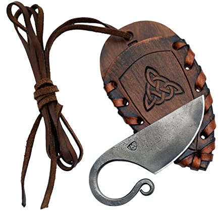 Madhammers Coltello da tasca celtico Coltello in acciaio per molle forgiato a mano in stile celtico - con custodia in vera pelle (Marrone scuro)