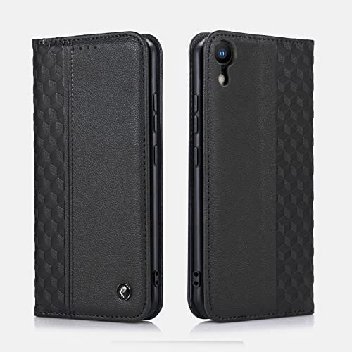 TOHULLE Case for iPhone XR, Premium PU Leather Wallet Case Card Holder Kickstand Built-in Magnet Shockproof Plaid Pattern Flip Folio Phone Case Cover for iPhone XR - Black