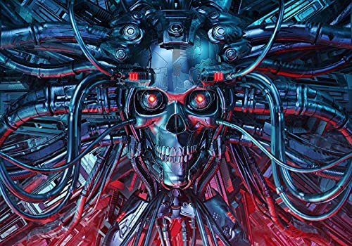 wandmotiv24 Fototapete Totenkopf blau rot, 300 x 210 cm - selbstklebende Strukturtapete, Wanddeko, Wandbild, Wandtapete, Cyberpunk Fantasy Kopf M6801