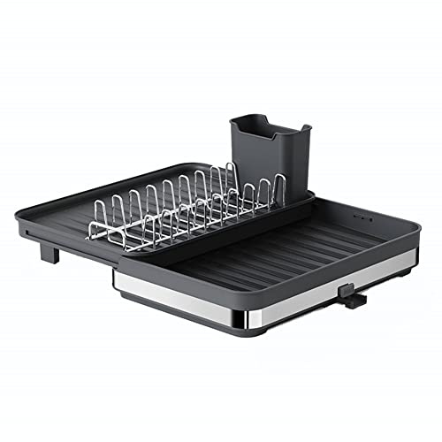 Kepuarm Escurridor Extensible en Acero Inoxidable para Platos y Cubiertos(30cm-51 cm), con Soporte para Utensilios, Portavasos, Estante De Secado De Platos para Mostrador De Cocina (Negro)