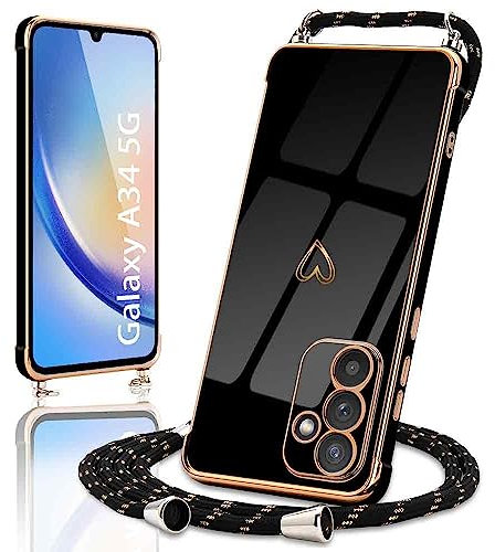 Micoden Handykette kompatibel mit Samsung Galaxy A34 5G Ultra dünn Kameraschutz Herz Love Design Galvanik TPU Silikon Bumper Abnehmbar Kordel zum Umhängen Handyhülle mit Band,Schwarz