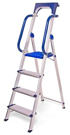 Escalera de 4 peldaños Secure Pro, aluminio reforzado, seguro con rampas, estante portaherramientas, altura plataforma 89 cm, carga 150 kg Hostrom