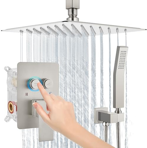Aolemi Deckenhalterung Duschsystem Regendusche Duschkopf mit Handbrause Duscharmatur Set Rough-in Ventil Duschverkleidung Inklusive Badezimmer Druckknopf Umsteller Gebürstetes Nickel 30,5 cm