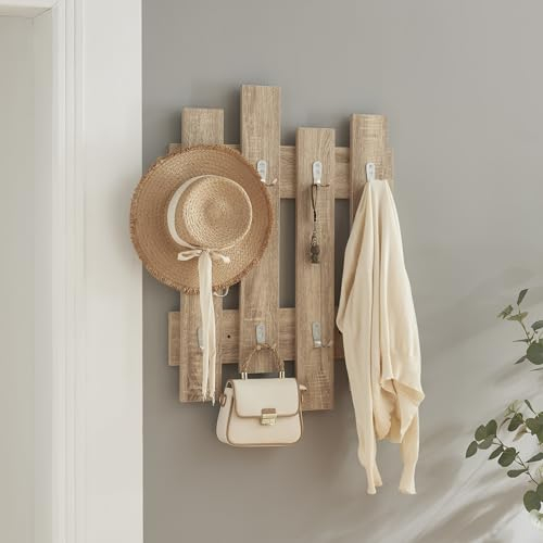 [en.casa] Portemanteau Mural à 16 Crochets Patère Murale Meuble d'Entrée pour Chapeaux Vestes Echarpes Sacs Panneau de Particules 80 x 60 x 3 cm Effet Chêne