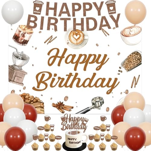 Coffee Birthday Decorations, Coffee Party Supplies with Balloons Banner Cake Topper Cupcake Toppers Backdrop, Coffee Bar Theme Happy Birthday Celebration Party Decors