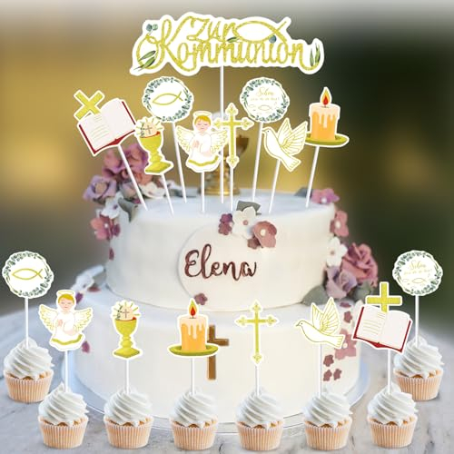 17Stück Tortendeko Kommunion, Zur Kommunion Cake Topper, Erstekommunion Kuchendeko, Tortenstecker Kommunion Konfirmation Taufe für Junge Mädchen Fische Taube Engel Kreuz Muffin Deko
