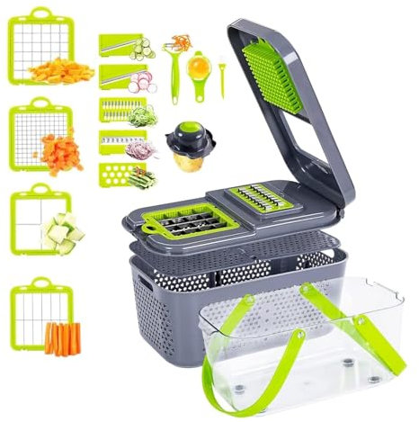 Miibox Vegetable Chopper with Container 22-in-1 Veggie Choppers and Dicers Food Chopper Cutter for Onion Tomato Multi Kitchen Tool with Lemon Squeezer -13 Blades,Grey