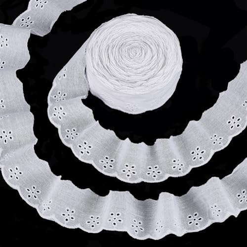 FINGERINSPIRE Borde de Encaje de Algodón 13,7 M - 42 mm, Cinta Con Ojales, Blanco, Bordado Floral, Volante Ondulado