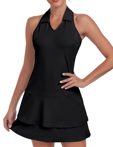 Soneven Damen Tenniskleid mit Hose Ärmellos 1/4 Zip Tennis Kleidung Set Sportkleider Sommerkleid Golfkleid Für Sport Tennis Baseball,Schwarz,L