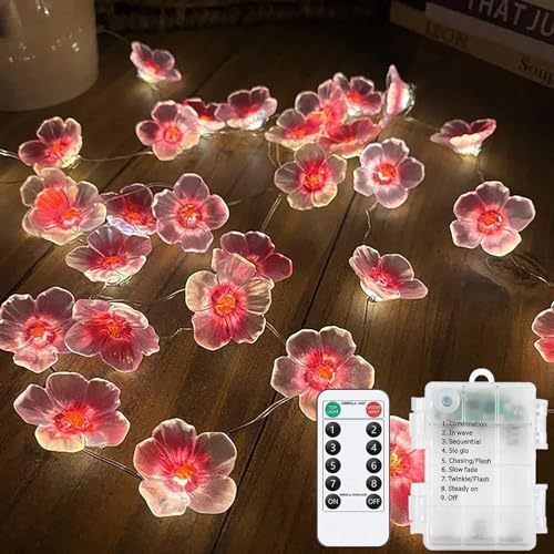 DINOWIN Kirschblüten Lichterketten 9.8ft 30 LED Blumen Lichterkette aus Kupfer Batteriebetrieben Fun Room Lichter Fernbedienung für Schlafzimmer Hochzeit Weihnachten Partei Wand (Rosa)